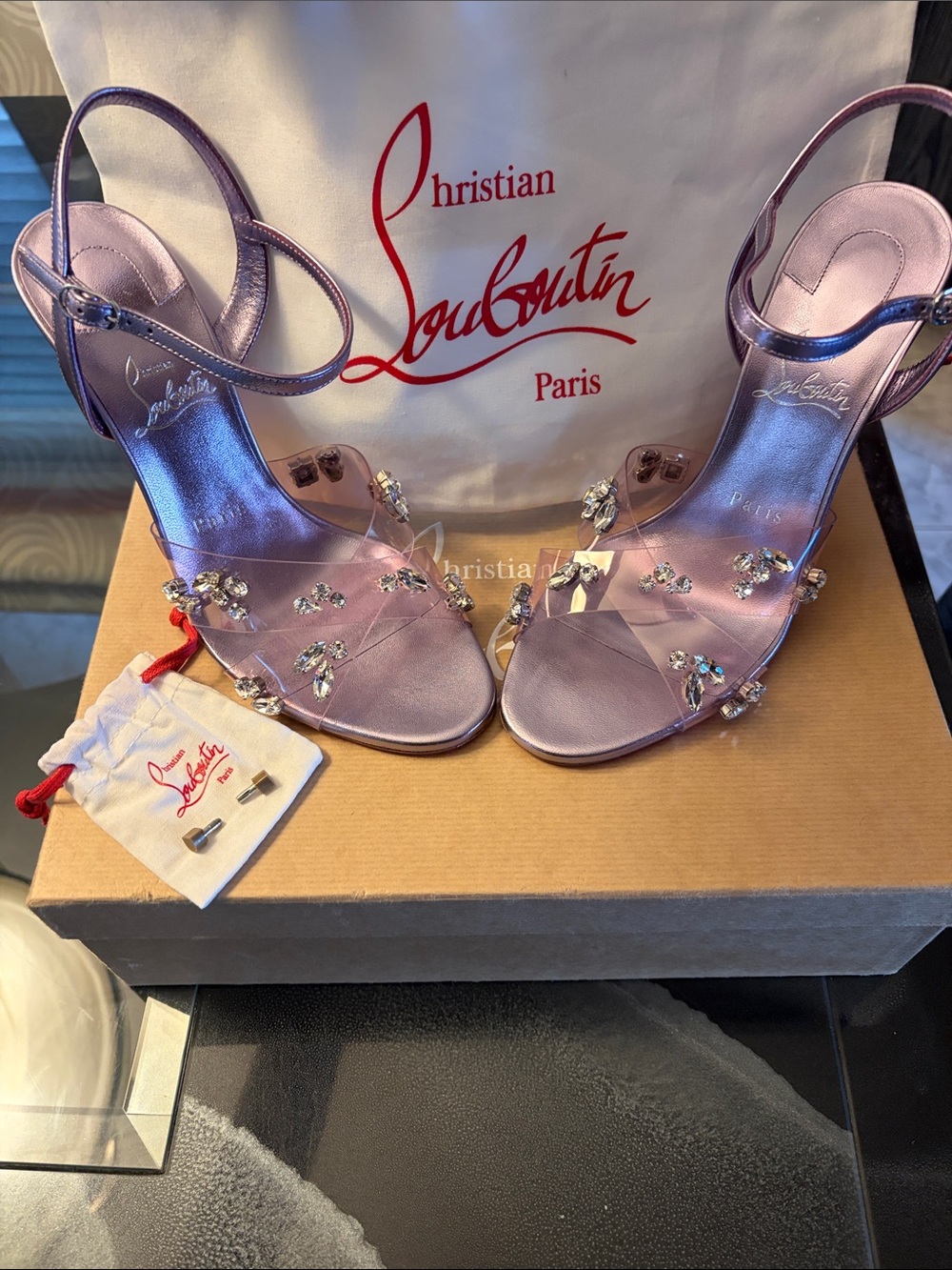 Christian Louboutin Metallic Purple Crystal Strap Stilettos